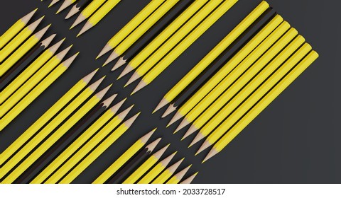 3D Illustration Of Yellow And Black Pencil On A Black Background Arranged Straight Line For Business Study And School Start Top View