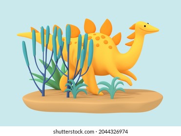 3d Illustration Yellow Cute Dinosaur. A Smiling Lizard Walks Among The Ancient Vegetation. Cartoon Illustration