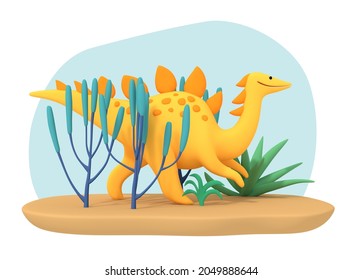 3d Illustration Yellow Cute Plasticine Dinosaur. A Smiling Lizard Walks Among The Ancient Vegetation. Cartoon Illustration