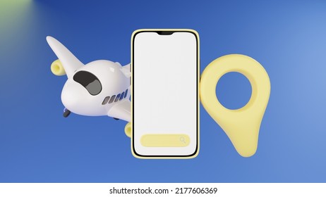 3d Illustration Of Yellow Mobile Phone With Browser Search Button, Airplane And Location Icon Against Gradient Blue Background. 3d Illustration Highly Usable. Mobile Mock Up. White Screen. Traveling