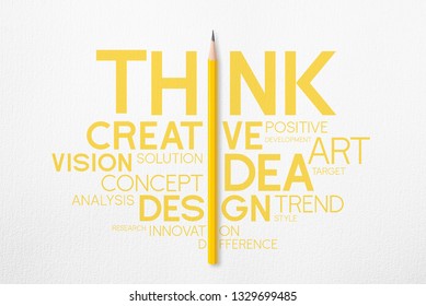 3D illustration : Yellow pencil photo isolated on white paper and interactive to i of yellow uppercase typography word think with creative word cloud that look minimalist.Lighting on pencil in studio.