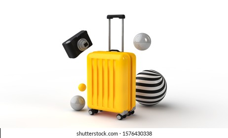 3d Illustration. Yellow Suitcase And A Camera And Colorful Balloons. Travel Concept