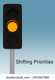 3D Illustration Of Yellow Traffic Light Along With The Text Shifting Priorities, Isolated Over Blue Gradient.