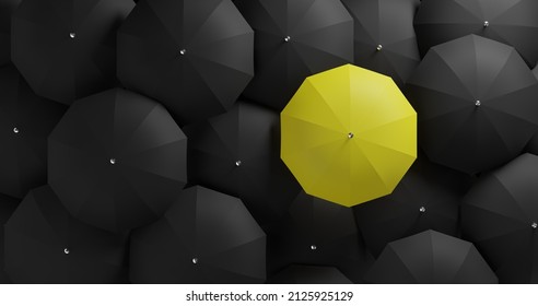 3D Illustration, Yellow Umbrella Standing Out Of The Crowd