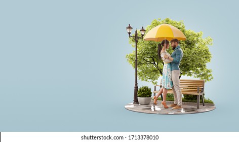 3d illustration of a young beautiful couple in love standing under umbrella and looking at each other on rainy spring day. Romantic relationship and family concept. Valentines day - Powered by Shutterstock