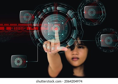 3D Illustration Of A Young Beautiful Girl Pointing With Her Index Finger On Hi Tech Screen. GUI (Graphical User Interface) Concept. HUD (Head Up Display)