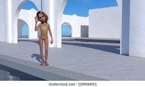 3d Illustration Of A Young Cartoon Girl Waving Next To A Pool At A Resort.