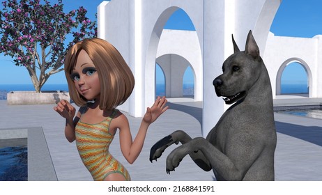 3d Illustration Of A Young Cartoon Girl Waving At Her Pet Dog To Stop Next To A Pool At A Resort With Blue Sky And Ocean In The Distance.