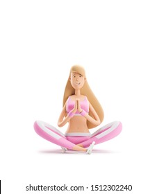 3d Illustration. Young Girl Cartoon Character. Sport, Yoga And Fitness Concept. Girl Sitting In Lotus Position