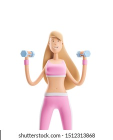 3d illustration. Young girl cartoon character. Sport, yoga and fitness concept. Girl doing exercise with dumbbells.