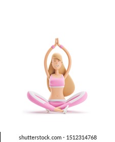 3d Illustration. Young Girl Cartoon Character. Sport, Yoga And Fitness Concept. Girl Sitting In Lotus Position