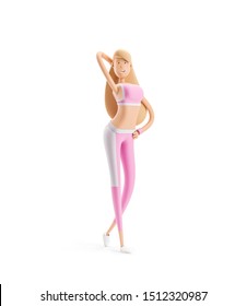 3d illustration. Young girl cartoon character. Sport, yoga and fitness concept. Cute sports girl in tight pink clothes.