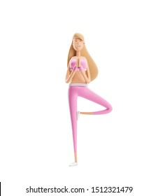 3d Illustration. Young Girl Cartoon Character. Sport, Yoga And Fitness Concept. A Sports Girl Stands In A Tree Position.