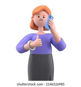 3D illustration of  young smiling woman Ellen talking phone, calling by telephone. Communication, conversation, support concept. Cartoon minimal style.3D rendering on white background. - Powered by Shutterstock