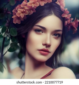 3D Illustration Of A Young Woman Wearing Flower Headband