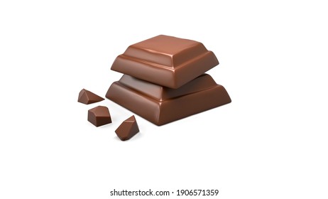3d illustration of yummy chocolate pieces and bar on white background