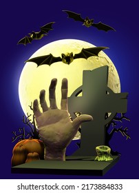 3D illustration of a zombie hand rising out a creepy old grave lit by the moonlight, isolated against a dark background. Vertical Halloween banner