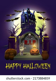 3D illustration of a zombie hand rising out of a creepy old grave, isolated against a dark background with a spooky mansion on top of a hill lit by the moonlight. Happy Halloween vertical banner