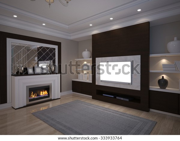 3d Illustrationa Tv Unit Shelves Fireplace Stock Illustration