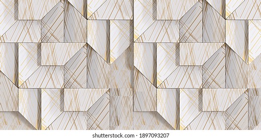3d illustration.Abstract background. Volumetric geometry. White large rectangles with gold embossing. Texture with an openwork pattern of gold lines. Background, wallpaper. Render. Postcard, poster. 