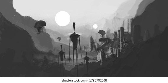 3D illustration.Black and white space art. Science fiction concept art. Alien, imaginary scenery.