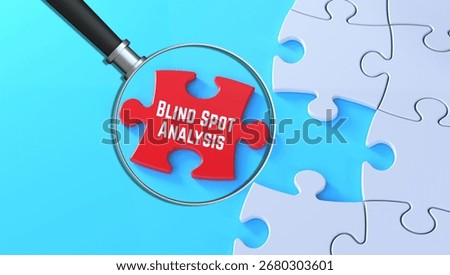 3d illustration.Blind Spot Analysis message magnified on red puzzle background in 3D text banner