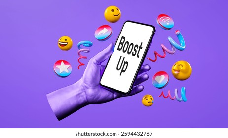 3d illustration.Boost Up text message on mobile phone. 3d arm holding phone and social media icons