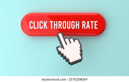 3d illustration.Click through Rate text on web button, pixel clickable interface, web banner, online engagement, digital marketing, user interaction, conversion metrics. 3D render.	