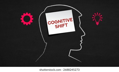 3d illustration.Cognitive Shift Concept with Human Head Silhouette and Sticky Note on Blackboard Background Text Banner Showing Human Head Silhouette with Blank Sticky Note on Chalkboard Background	