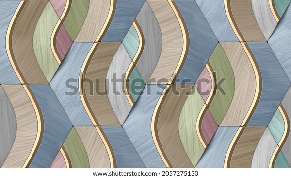 3d illustration. Geometric seamless 3D pattern in colors wood fragments with golden elements. Modern wallpaper.