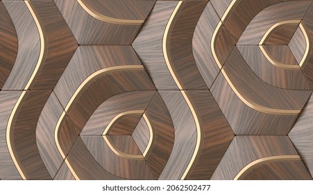 3D illustration.Geometric seamless 3D pattern in solid wood material with metal elements. Hexagon geometric tiles.