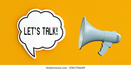 3d illustration.Let's talk text message on speech bubble.Megaphone and announcement concept,yellow background