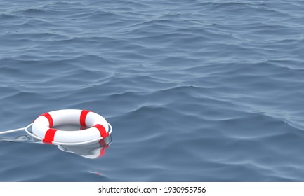 3D Illustration.Lifebuoy In Ocean  Emergency Lifesaver Buoy In Water. Saving Lives . Lifeguard Equipment With Rope Floating In Sea. Lifeguard.3D Render 