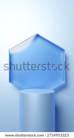 3D Illustration.Light blue background with blue hexagonal glass and base. Cylinder.  (Vertical)