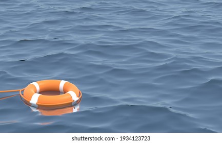 3D illustration.Orange Lifebuoy in ocean  Emergency lifesaver buoy in water. Saving Lives . Lifeguard equipment with rope floating in sea. lifeguard.3D Render 
