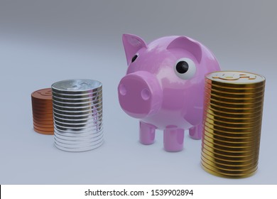 3d Illustration.pink Piggy Bank And A Pile Of Bronze,silver, And Gold Medals.