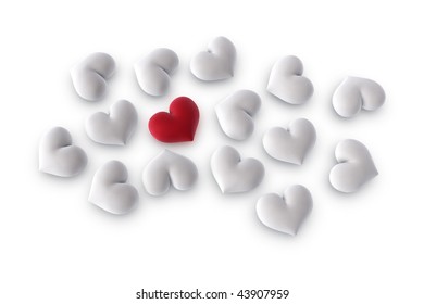 3d illustration/rendering of  one velvety red heart among several white hearts