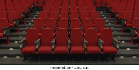 3D illustrations of rows of empty red chairs located in movie theater auditorium - Powered by Shutterstock