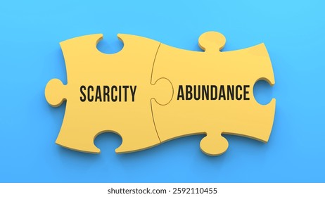 3d illustration.Scarcity and abudance text message on jigsaw puzzle. Blue background