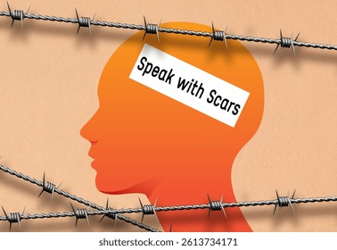 3d illustration.Speak with Scars text message.Human hand illustration.Barbed wire and freedom metaphor concept