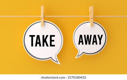 3d illustration.Speech bubbles, white paper cutouts, clothespins, string, yellow background, typography, take away message, communication concept, word art, hanging display, marketing idea.