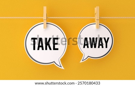 3d illustration.Speech bubbles, white paper cutouts, clothespins, string, yellow background, typography, take away message, communication concept, word art, hanging display, marketing idea.