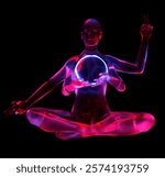 3D illustraton of a transparent glass statue of a woman with many hands sitting in zen pose. The concept of cyberpunk futuristic deity.