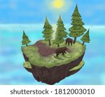 3d image: bears on a cliff island in the sea