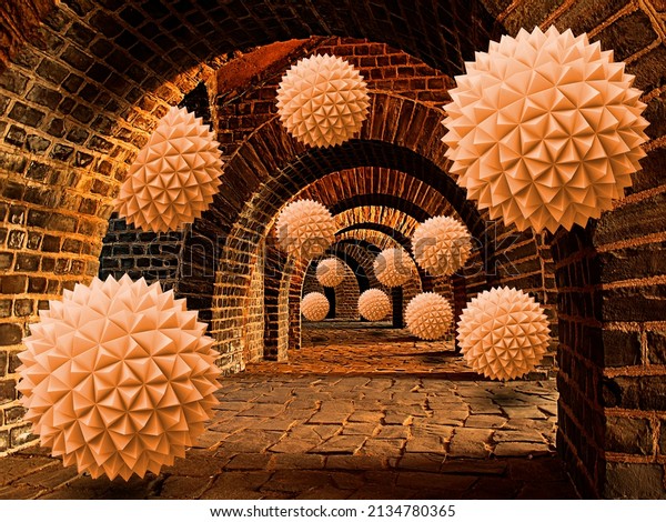 3d image of a brick tunnel with 3d balls flying out of it.