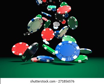 3d Image Of Classic Poker Chips And Green Table