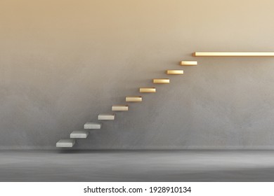 3D image of a concrete staircase that transforms as the steps gradually become golden. The concept picture of a step-by-step effort to success.