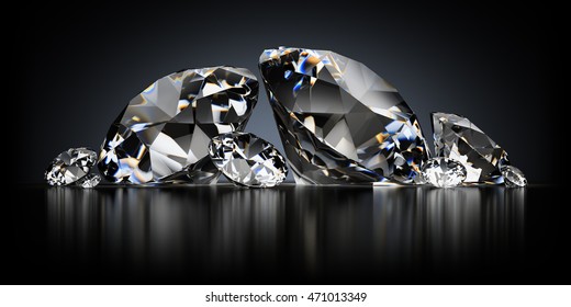 3d image. Diamonds on a black reflective background.