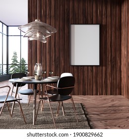 3d Image, Dining Room With Wooden Lining Walls And Empty Black Fram Artwork Mockup, 3d Rendering