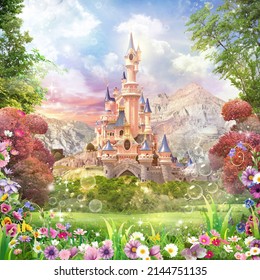 3d image of fairy tale castle, meadow with wild flowers, soap bubbles in the air, dense vegetation, mountains in the background 3d rendering

